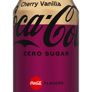 coke cherry vanilla zero sugar in a purple can with a cream top