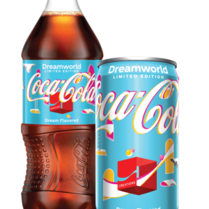 coke dreamworld bottle and can with blue dreamworld label on both containers