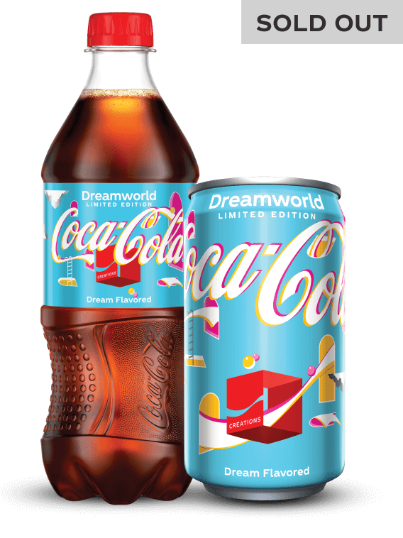 coke dreamworld bottle and can with blue dreamworld label on both containers