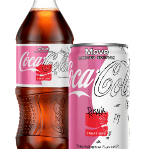 coke bottle and can of rosalia's flavor move with the label on both containers