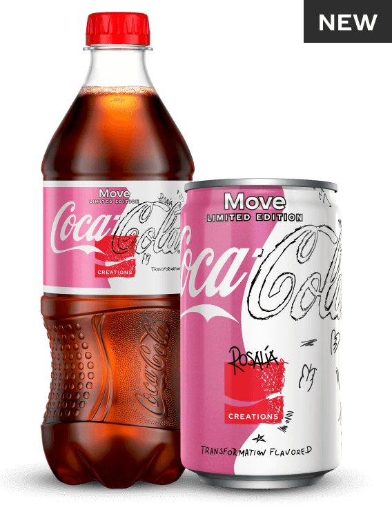 coke bottle and can of rosalia's flavor move with the label on both containers