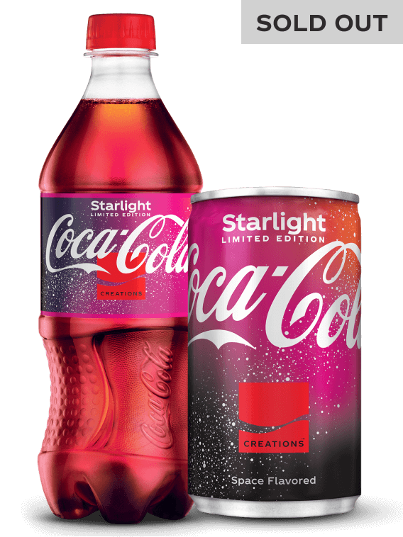 coca cola starlight in the bottle and can form, with the pink and black gradient logo